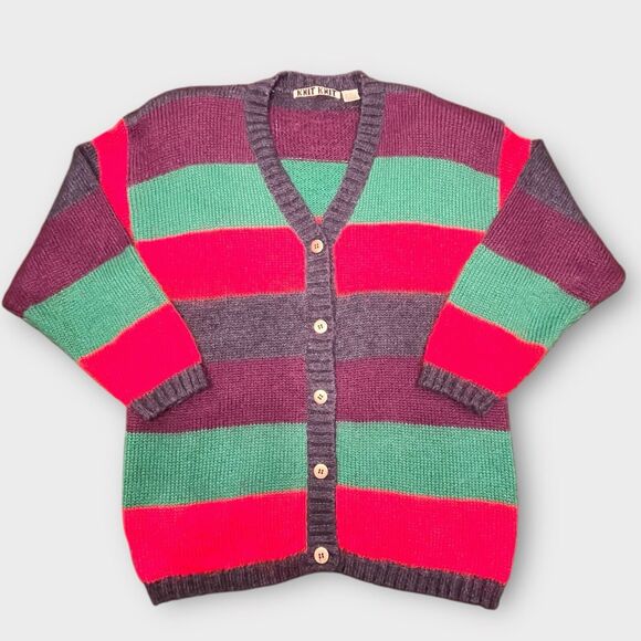 VTG "KNIT KNIT" Wide Multi Striped Mohair Blend Long Cardigan Sweater Size Large - Picture 1 of 5